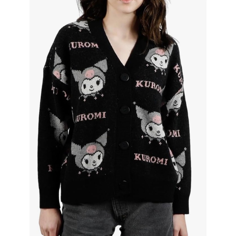 Dumbgood Sanrio Kuromi Cardigan Sweater Black Pink All Over Print‎  Medium NEW